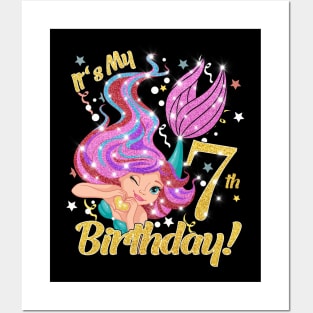 Mermaid Birthday Girl 7 Year Old Its My 7th Bday Mermaid Posters and Art